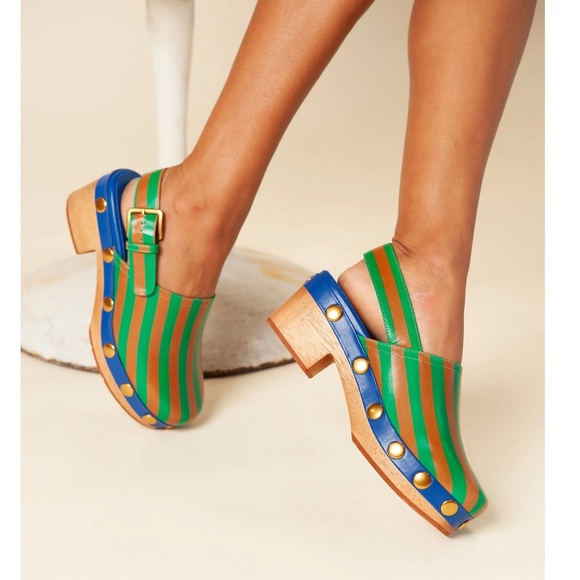 New CHARLOTTE STONE Jona Striped Studded Slingback Low Heel Clogs in Kite Stripe - Picture 3 of 16